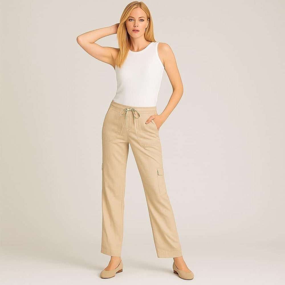 J Crew City Fit Cargo Pants Linen Cotton Draw String Pocket Flat Front Khaki 10 - Picture 1 of 8